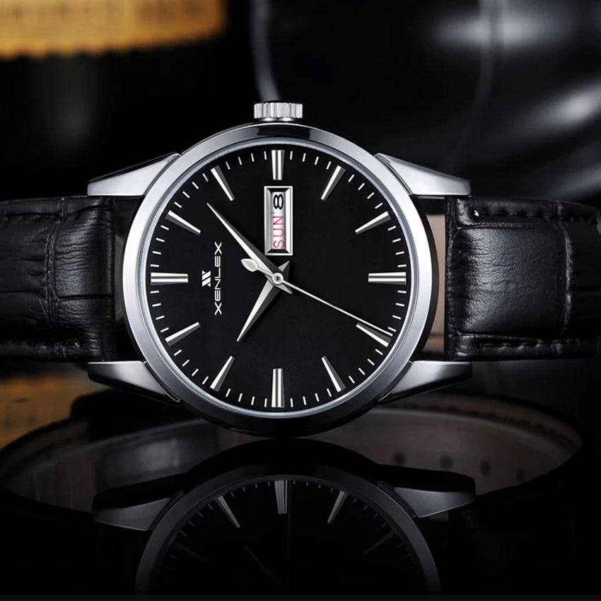 Watch for Men Day Date Analog Quartz Men Watches Top Brand Luxury Waterproof Business Black Leather Strap Male Wrist Watch